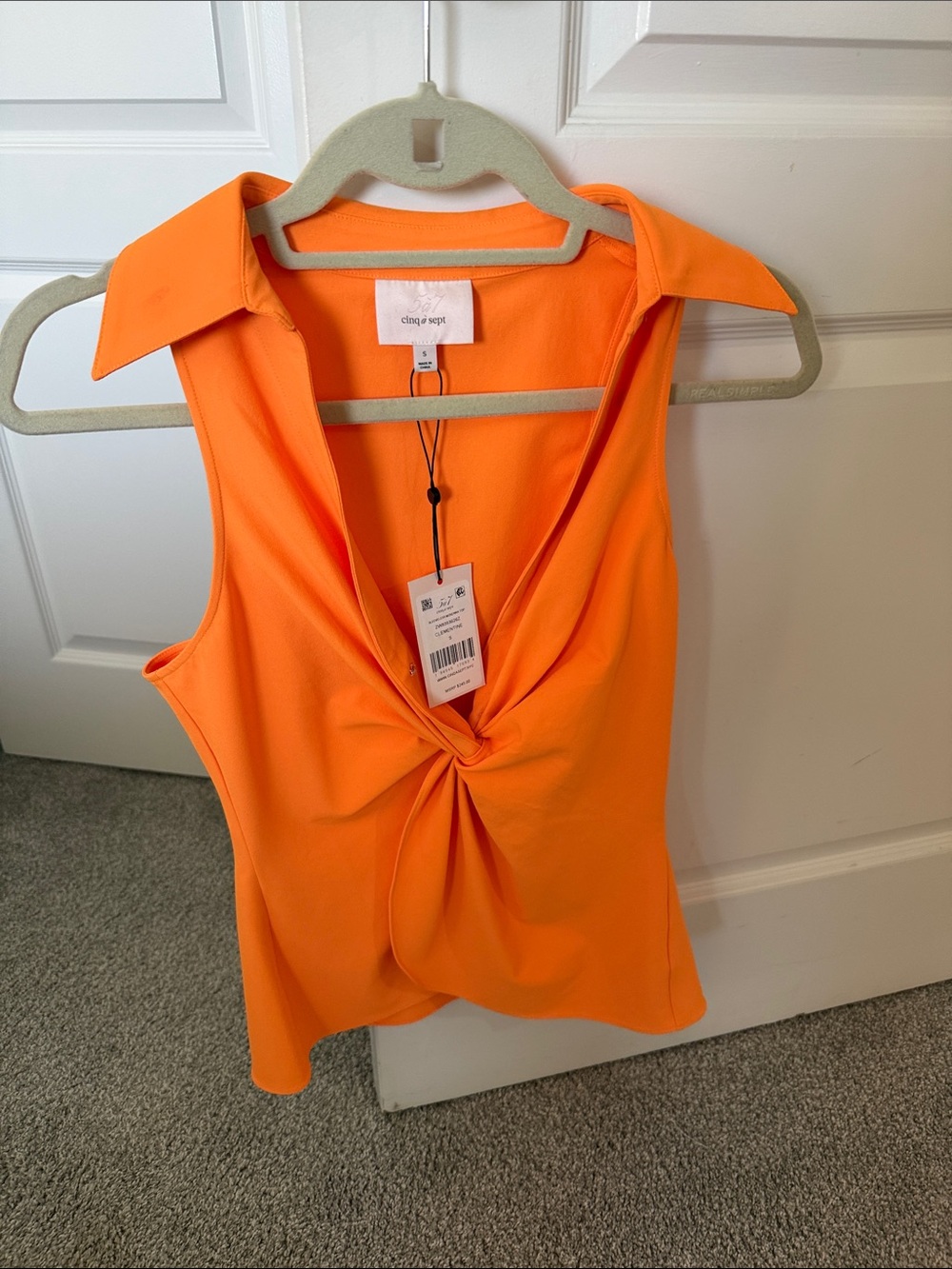 NWT cinq a sept Bright Orange Twist-Front Collared Sleeveless Top- small